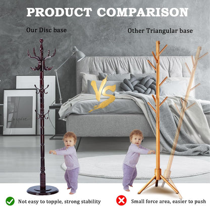 Coat Racks FreeStanding with 14 Hooks, Natural Wood Coat Rack with Solid Round Base, Adjustable Height Coat Racks, Easy Assembly for Hallway, Bedroom and Office (Solid Wood Fenghuang Gou)