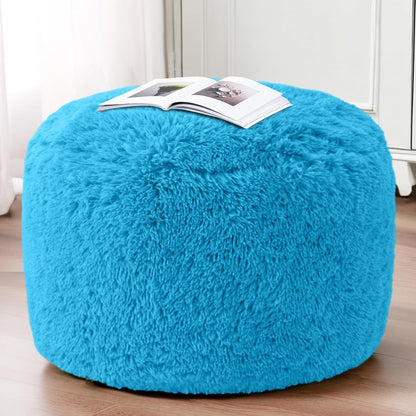HIGOGOGO Round Stuffed Pouf Ottoman, Long Faux Fur Poufs with Foam Chunk Filling, Fluffy and Furry Pouf Foot Stool Storage Ottoman, 26 X 18 Floor Poufs Foot Rest for Living Room, Blue