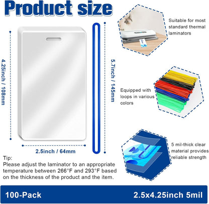 100 Pack 5 Mil Laminating Pouch with Colorful Loop 2 1/2" x 4 1/4" Luggage Tag Laminating Pouches with Slot Hole Thermal Laminate Pouch Tags Kit Resealable for Work Permits Pass Cards Student ID Cards