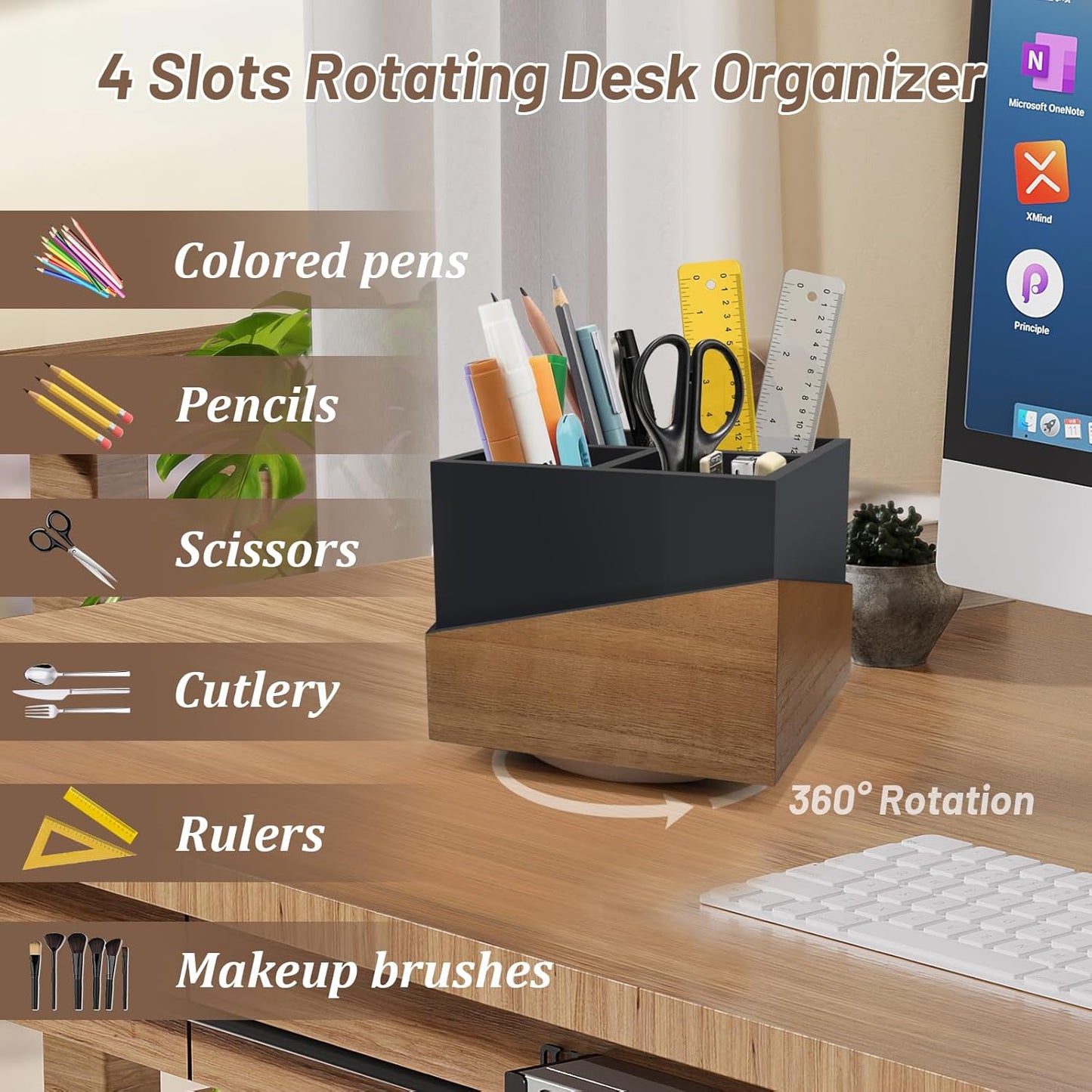 Rotating Pen Holder for Desk, Black Pencil Holder Pen Cup with Wood Grain Veneer, Wooden Desktop Pen Organizer Desk Caddy Organizer for Makeup Brush, Flatware, Remote Control