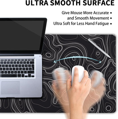 Topographic Map Black Gaming Mouse Pad XXL Minimalist Topo Geographic White Lines Extended Large Mousepad Desk Pad Non-Slip Rubber Base Stitched Edge Keyboard Pad Playmat for Computer,35.4×15.7 in