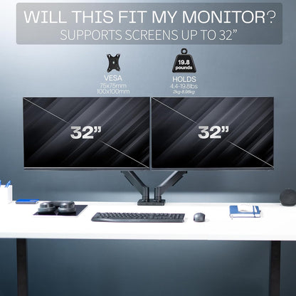 VIVO Dual Monitor up to 32 inches and 19.8 lbs per Screen, Pneumatic Arm Desk Mount, Articulating Counterbalance, VESA Stand, Classic, STAND-V002O