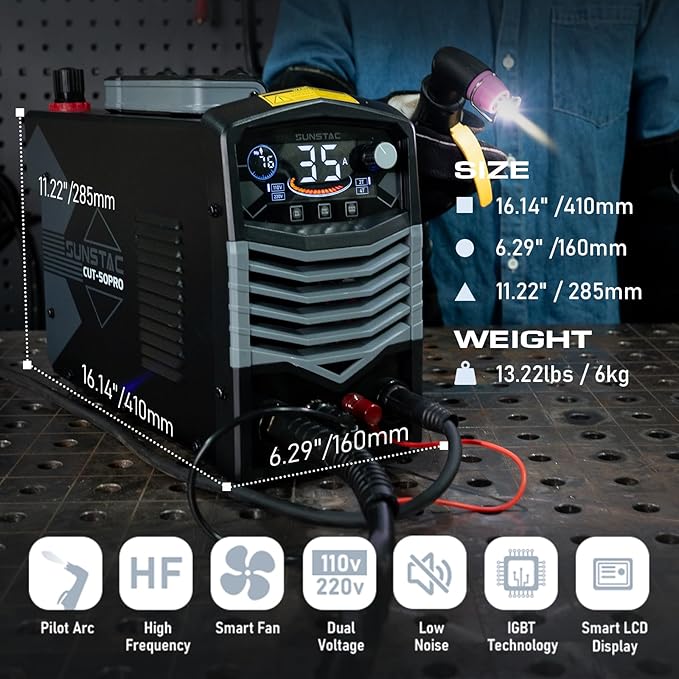 50A Plasma Cutter, Non Touch Pilot Arc Large LCD Display High Frequency Cutting Machine with 110/220V Dual Voltage IGBT Inverter 4/5 Inch Max Cut 2T/4T Mode, Professional & Beginners DIY