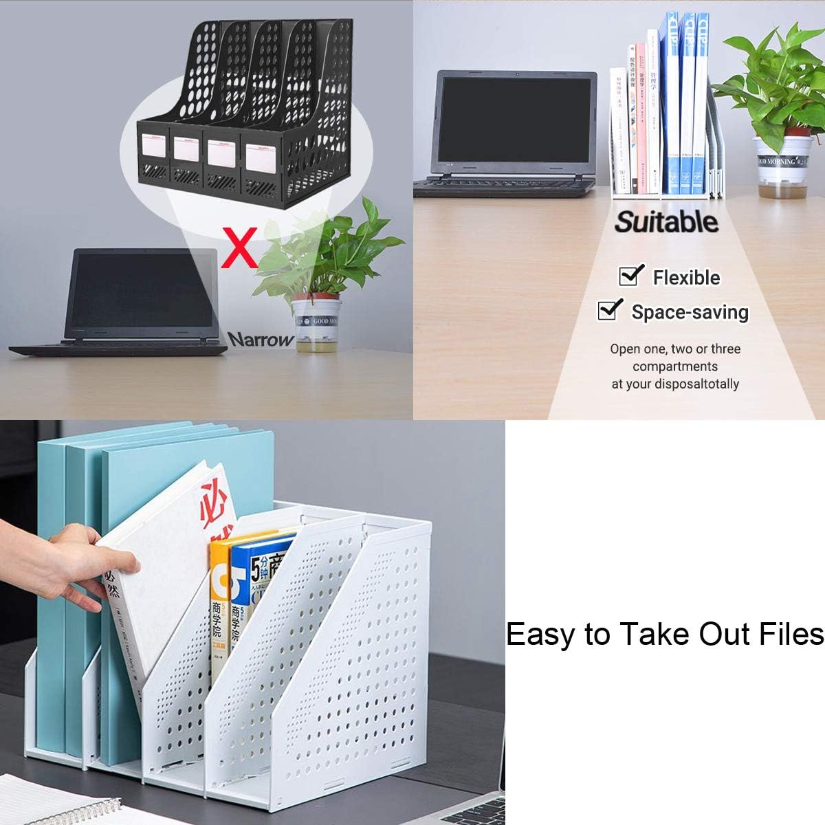 Lemical Magazine Holder 4 Vertical Compartments Collapsible Magazine File Holder Space Saving Rack Home Kitchen Desk Organizer No Need Assemble Gray