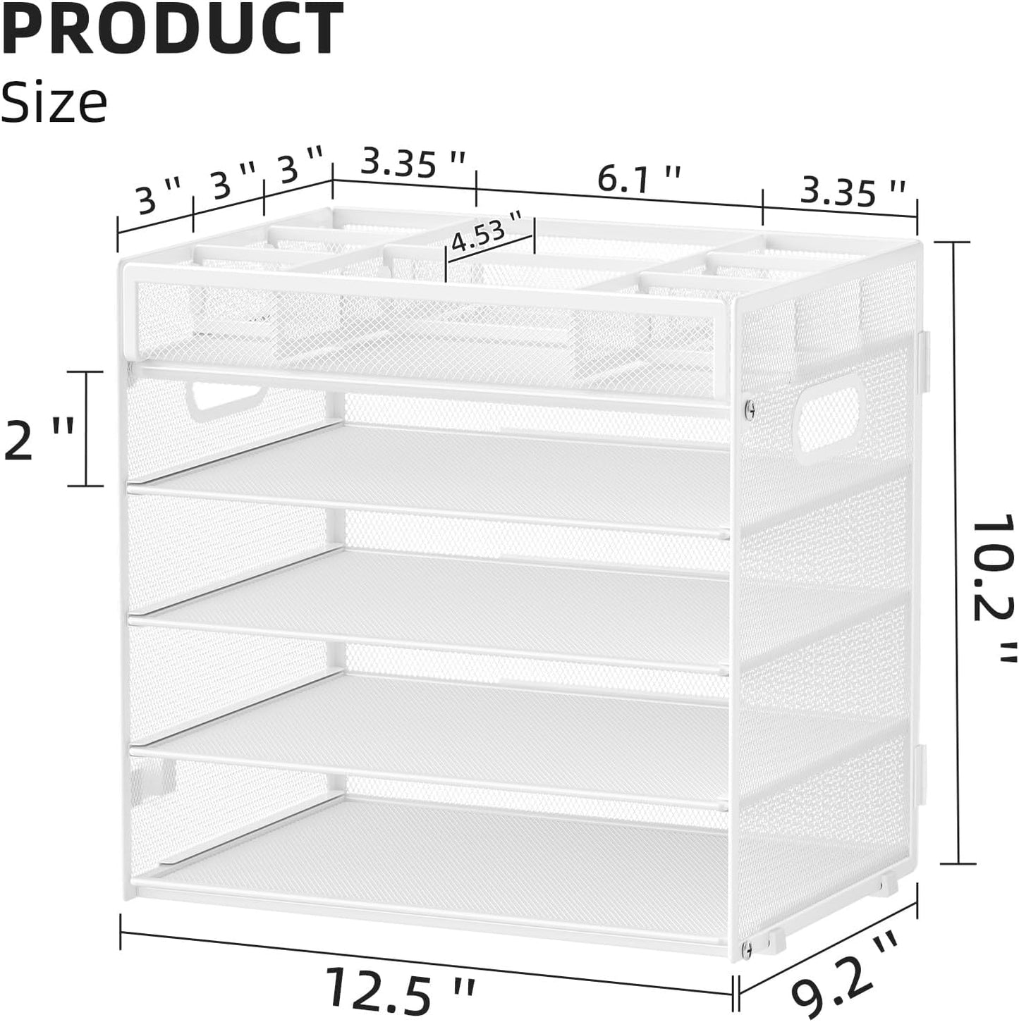 Marbrasse 5-Tier Letter Tray Paper Organizer with Handle, Multi-Functional Mesh File Organizer for Desk, Adjustable Compartments Mesh Desktop Storage for Office Supplies,White