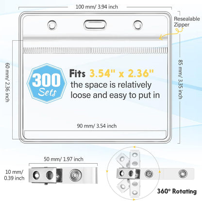 300 Sets Clip on Name Tag Clear Name Badge with Clip Waterproof PVC ID Badge Holder Transparent Name Tag Holder with Resealable Zipper Seal and Metal Badge for Teacher Worker