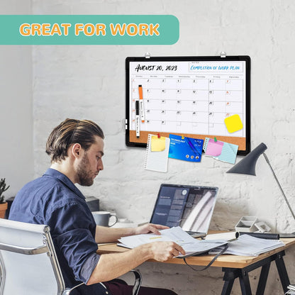 Monthly Calendar Whiteboard Dry Erase Cork Board Combination for Wall, 17x13 Magnetic Dry Erase Board, Double-Sided White Board, Portable Board for Office, Planning, Memo, School, Home (Black)