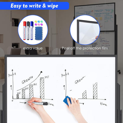 Double-Sided White Board on Wheels, 48x60 Inch (4'x5') Large Magnetic Mobile Dry Erase Board, Height Adjustable Stand Rolling Whiteboard for Office, Classroom, Home School Use, Black