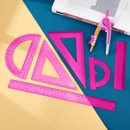 Zonon 1 Set Plastic Geometry Math Set 7 Pcs Includes 6'' / 4 '' Protractor, Drawing Compass, 45/60 Degree Triangle Rulers, 12'' / 6'' Math Ruler Transparent for Office Supplies(Pink)