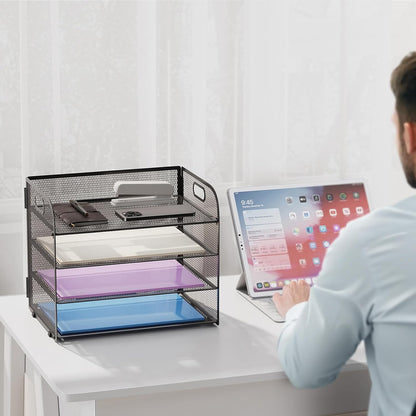 Marbrasse 4 Tier Paper Organizer Letter Tray - Mesh Desk File Organizer with Handle, Paper Sorter Organizer for Letter/A4 Office File Folder Holder (Black, 12.6" x 9.1" x 10.7")
