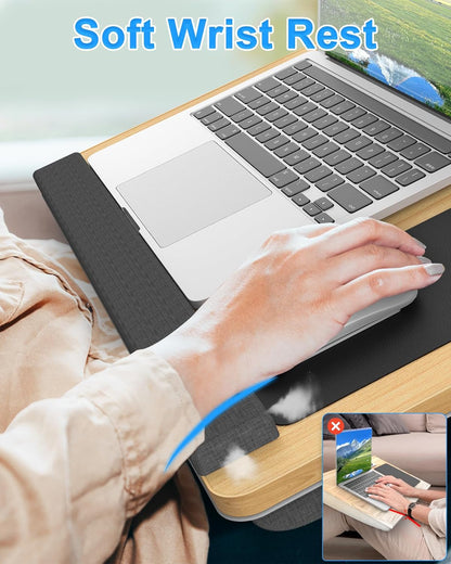 Laptop Lap Desk, Portable Large Laptop Desk for Bed, Up to 17 in Lap Table with Wrist Rest, Mouse Pad, Tablet Phone Slot, Portable Handle, Cushion (Light Brown)