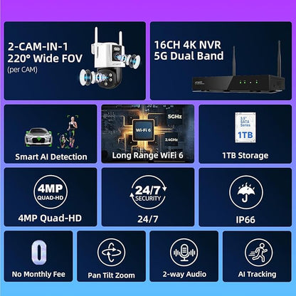 xmartO [2-in-1 CAMs 8-View WiFi 6 Mesh PTZ Security Camera System Outdoor Wireless, 4X Dual-Lens CAM, 16CH 4K Long Range WiFi6 Surveillance NVR Kit, 4MP PTZ Home CCTV Set w. 1TB HDD, No Monthly Fee