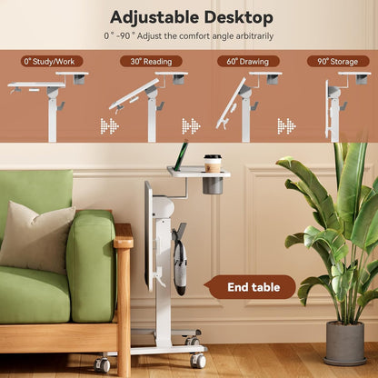 28Inch Mobile Standing Desk On Wheels， Rolling Laptop Stand with Tiltable Desktop， Small Computer Workstation Adjustable Height， 2-Tier Portable Study Table with Storage Shelves， White