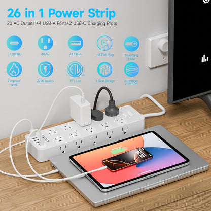 Flat Plug Power Strip Surge Protector with 20 AC Outlets 6 USB Chagring Ports, 1875W/15A, 2700J, Heavy Duty Extension Cord 6 Ft for Home, Office, Dorm, Gaming,ETL Listed (White, 6FT)