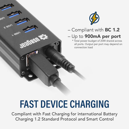 10-Port USB 3.2 Gen 1 Mountable Charging and SuperSpeed Data Hub with 5V/4A Power Adapter and USB Type-A to Type-B Cable Up to 900mA per Port Charging Function Wall and Surface Mounting