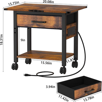 Lerliuo Under Desk Rolling Printer Stand with Charging Station and USB Ports, 2-Tier Printer Table Desk with Fabric Drawer, Printer Cart Holder with Lockable Wheels for Home, Office (Brown)