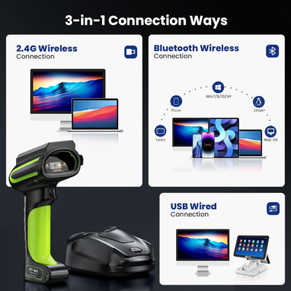 Eyoyo Industrial Wireless Barcode Scanner: 3-in-1 Waterproof Bluetooth Scanner with Charging Dock&Battery Indicator, Handheld Hands-free 1D 2D QR Bar Code Reader for Computer Laptop Mac Android iPhone
