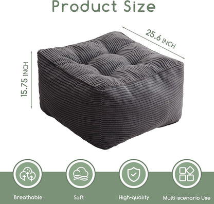 HIGOGOGO Square Stuffed Pouf Ottoman, Corduroy Poufs with Foam Chunk Filling, Furry and Fluffy Pouf Foot Stool Storage Ottoman, 25.6 X 25.6 Floor Poufs Foot Rest for Living Room, Dark Grey