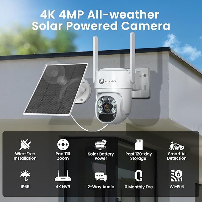 XMARTO QHD Wire-Free Solar Security Camera System Outdoor/Indoor Wireless, Pan Tilt Zoom, 4K Long Range WiFi 6 Surveillance DVR Kit, Long-Lasting Solar Battery Home CCTV 6-CAM Set w. 120-day Storage