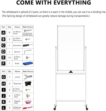 Rolling Whiteboard on Wheels, 40" x 24" Double-Sided Mobile Magnetic White Board with Stand, Portable Standing Dry Erase Board Easel for Home Office Classroom School, Silver