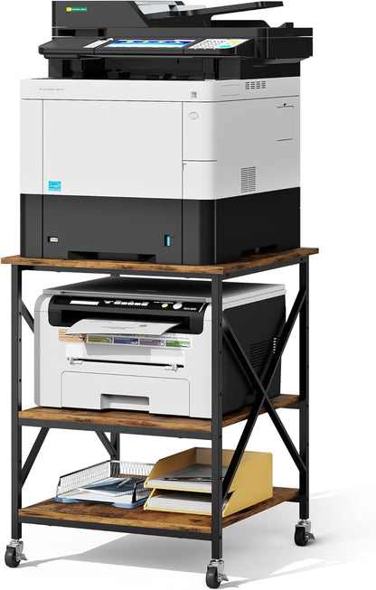 Warmiehomy 24"x24"x30" Large Printer Stand with Storage, 3 Tier Rolling Printer Cart Table, Mini Fridge Stand with Wheels, Use for 3D Laser Printer Home Office, Rustic Brown