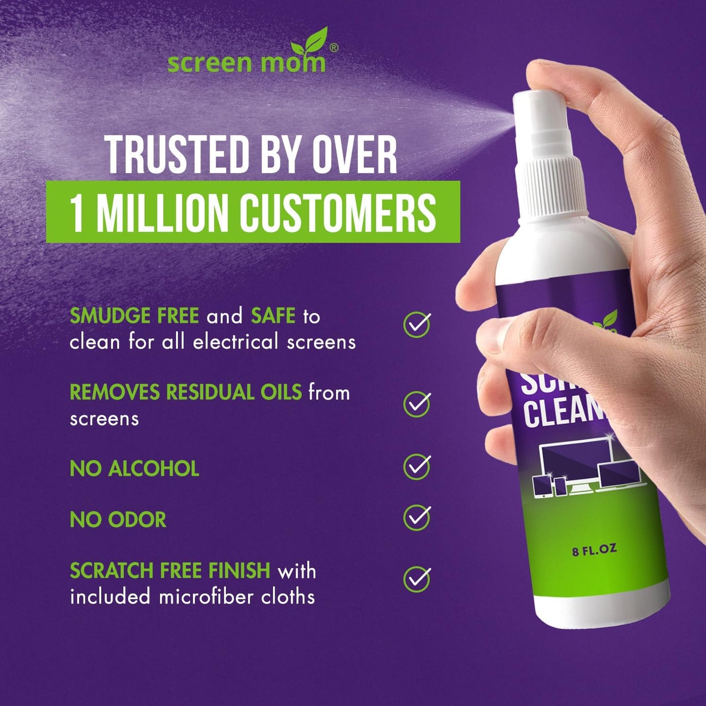 Screen Mom Cleaner Spray and Microfiber Cloth 8oz, Streak-Free Car Screen Cleaner Spray and Wipe for TV, Computer, Car, Phone, iPad, MacBook Laptop Cleaning Kit Electronic Devices Phone Cleaners