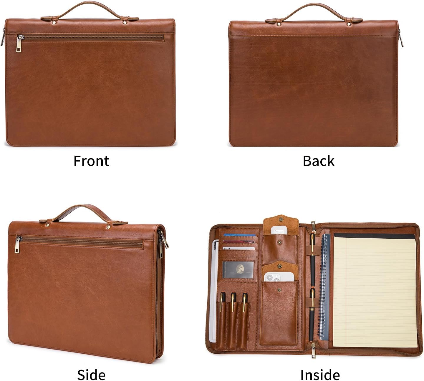 Personalized Genuine Leather Portfolio with Hidden Handle, Zippered Front Pocket, 8.5 x 11 Notebook Holder, Custom Engraved Business Legal Padfolio Travel Folio for Men Women, Oil Tanned