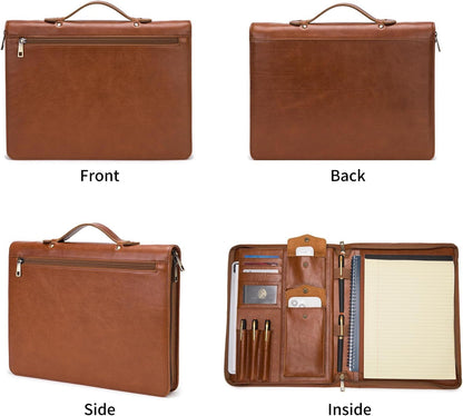 Personalized Genuine Leather Portfolio with Hidden Handle, Zippered Front Pocket, 8.5 x 11 Notebook Holder, Custom Engraved Business Legal Padfolio Travel Folio for Men Women, Oil Tanned