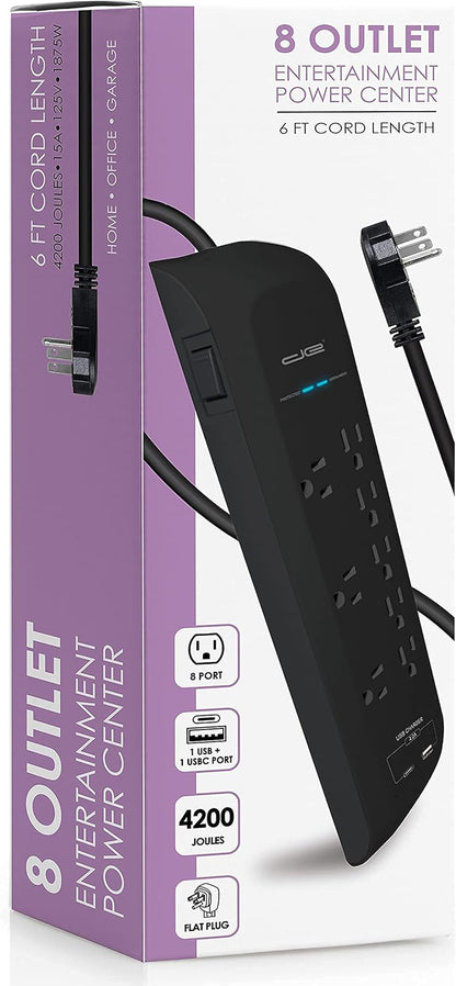 Digital Energy USB-C and USB-A 8 Outlet 8 Outlet 4200 Joules Surge Protector Power Strip, 3 Wide Spaced Outlets, 6 Foot 14/3 AWG Cord, Black