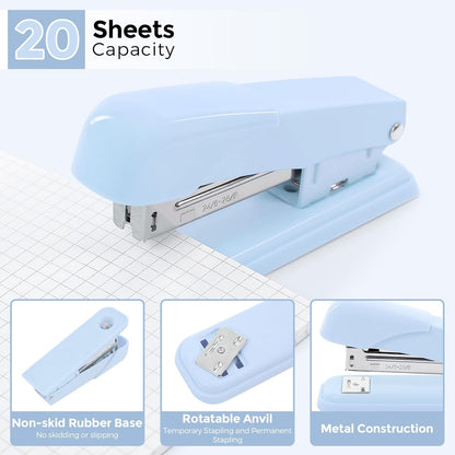 SKYDUE Blue Office Desk Accessories, Blue Office Supplies, Stapler, Tape Dispenser, Scissors, Clips and 1000pcs Staples,Desk Supplies for Women