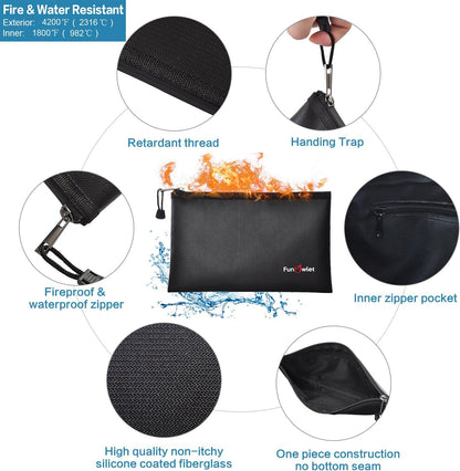 Fireproof Safe Money Document Bags - 2 Pack 13.4" x 9.8" and 10.6" x 6.7" Waterproof Zipper Bag, Fire & Water Resistant Storage Organizer Pouch for A4 A5 Documents Holder,File,Cash,Passport,Tablet