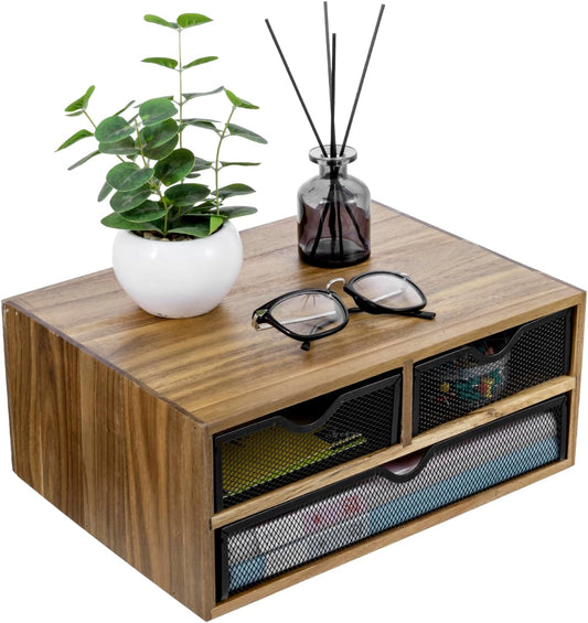 MyGift Premium Acacia Solid Wood Desktop Organizer Box with 3 Removable Black Metal Mesh Trays, Rustic Office Desk Supplies Storage Drawers for Accessories