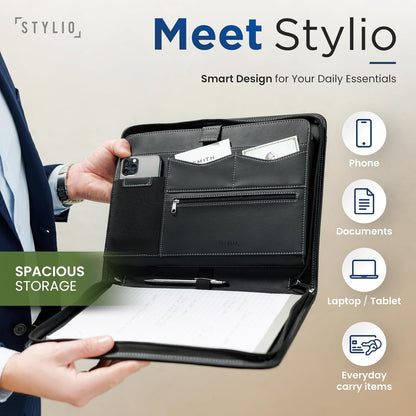STYLIO Zipper Padfolio Portfolio Binder Organizer | Faux Leather Portfolio for Resume, Documents, Phone, Tablet, Business Supplies and Cards | Notebook Organizer with Letter Sized Notepad Included