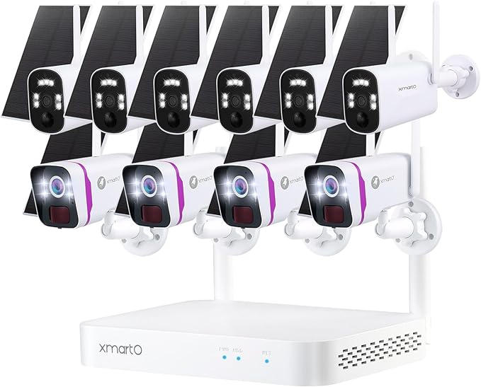 XMARTO 100% Wire-Free Solar Home Security Camera System Wireless, 4-Set 2K 4MP QHD CCTV Camera Kit with 4K 10CH Expandable WiFi NVR + 6 PCS Wire-Free Solar Security Cameras