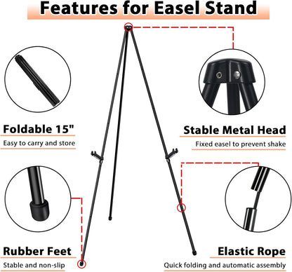 Easel Stand for Display Wedding Sign - 63" Foldable Easel Portable Artist Floor Easel - Easy Folding Telescopic Adjustable Art Poster Metal Stand (2 Pack)