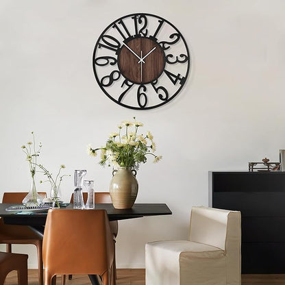 LEIKE Large Wall Clocks,Silent,Non Ticking,Battery Operated Small Vintage Round Modern Wood Wall Clock for Living Room, Bedroom,Kitchen,Farmhouse,Office Decor-13.5 Inch(Black-Arabic Number)