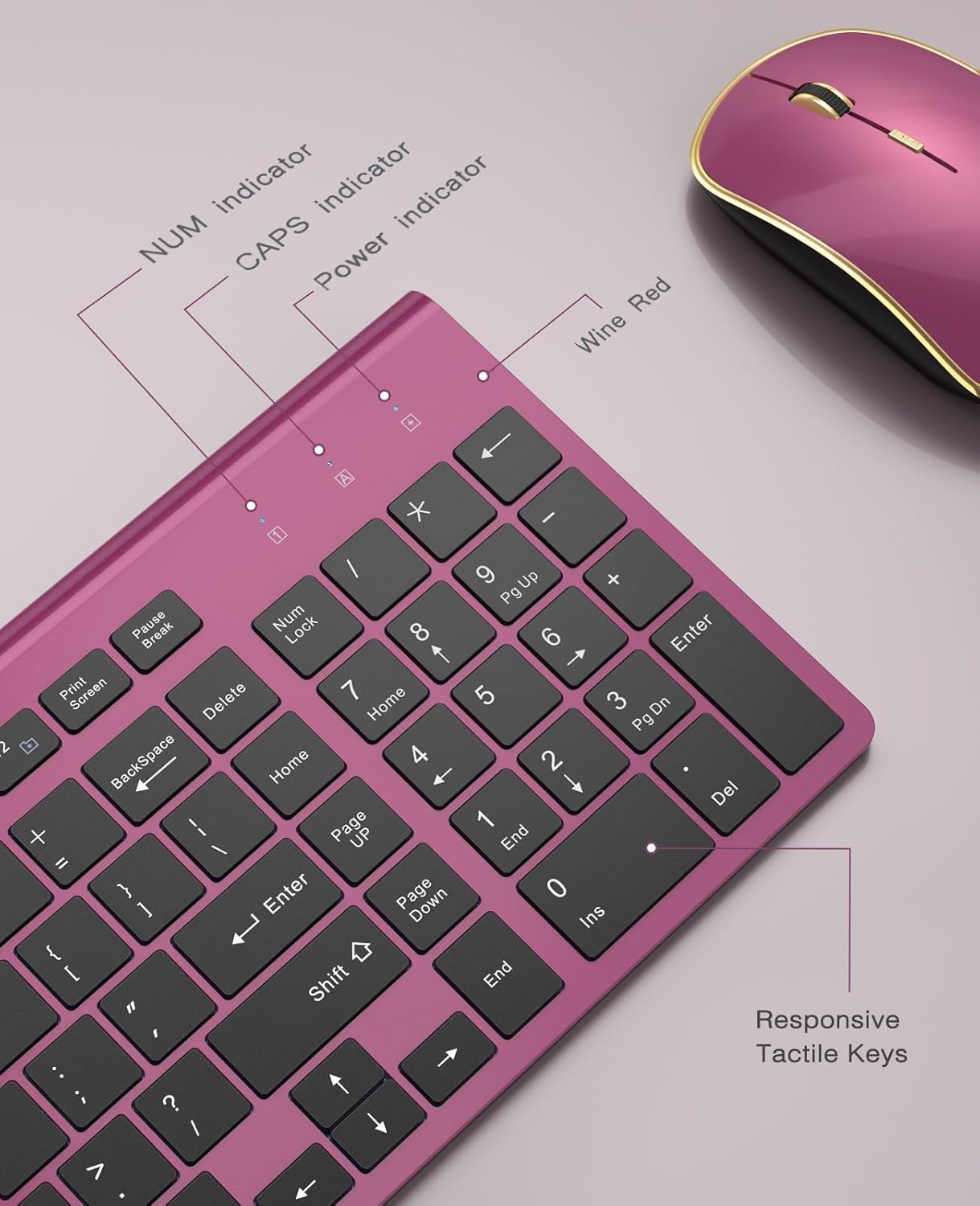 Wireless Keyboard Mouse Combo,J JOYACCESS 2.4G Compact and Ultra Slim Wireless Keyboard and Mouse for Windows, Computer, Desktop, PC, MacBook Air, Laptop-Wine Red