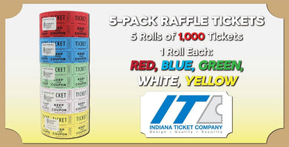 INDIANA TICKET CO. Raffle Double Roll, 5 Rolls 1,000 Tickets, 1 Roll Each Red, Blue, Green, White & Yellow, Premium Quality 50/50, Events Tickets(Pack of 5)