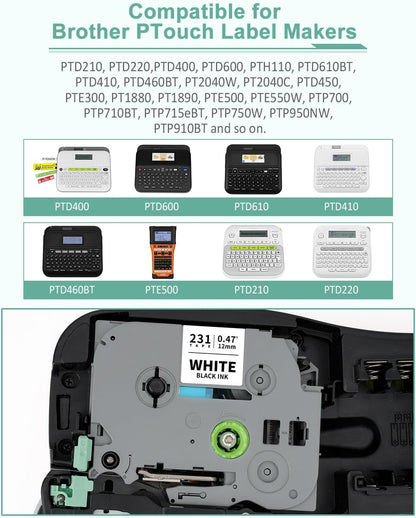 6-Pack 12mm 0.47" Multi-Color Label Tape Compatible for Brother Tze431 Tze531 Tze631 Tze MQG35 MQP35 P Touch Tze Tz Tape 12mm 0.47" Laminated White for PTH110 PTD220 PTD210 PTD400 PTD610BT