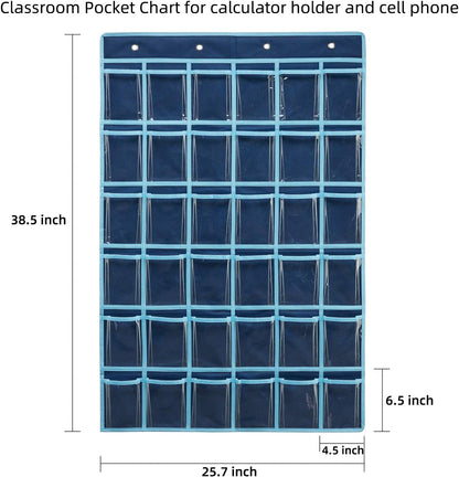 36 Clear Pockets Classroom Pocket Chart for Cell Phone and Calculator Holder, Door Hanging Pocket Chart for Classroom Phone Holder with Number Sticker and Hooks (Blue)