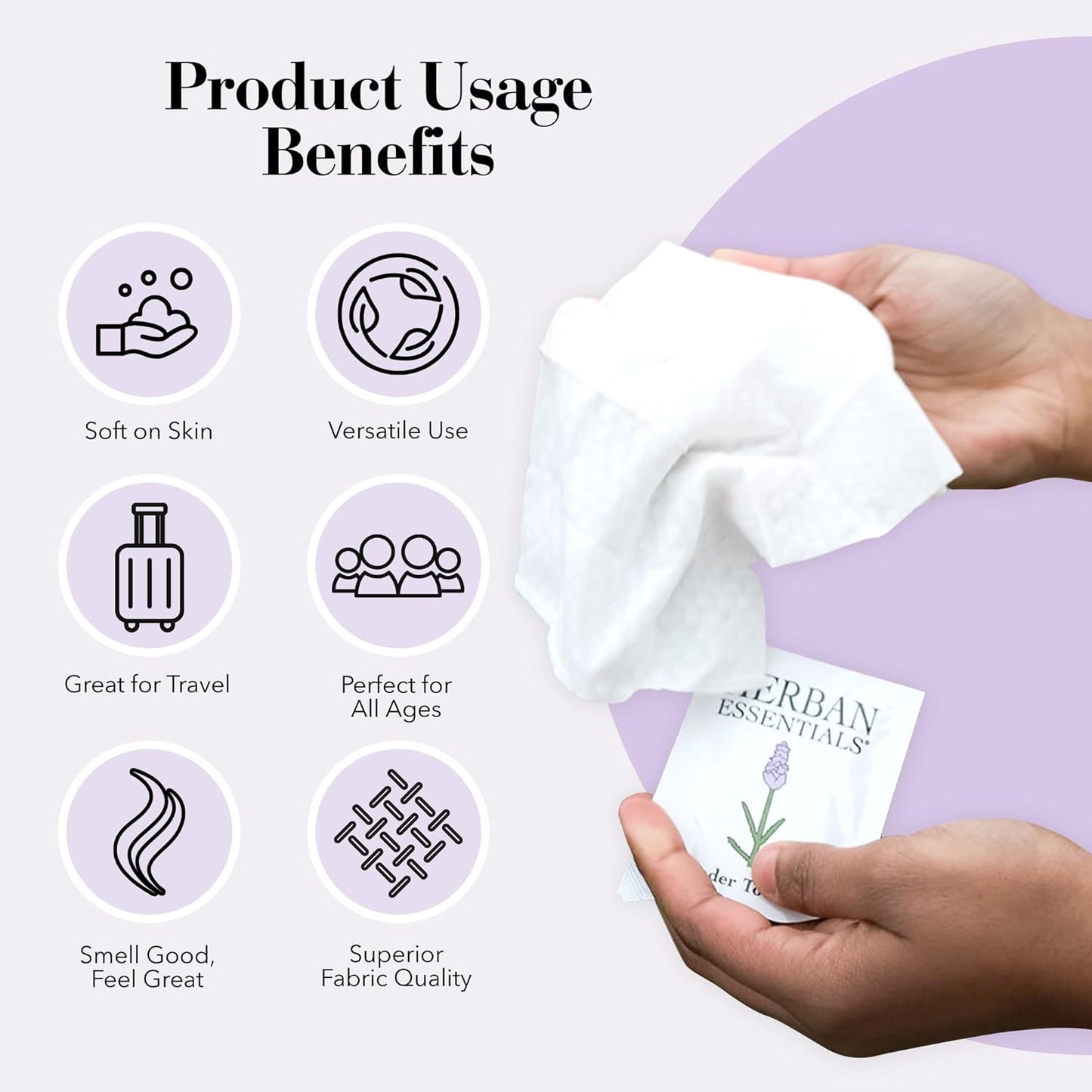 Herban Essentials - Lavender Wipes & Towelettes - Essential Oil Wipes for Make Up, Hands, Face & Body - Travel Size Essentials and Toiletries - Natural, Individually Wrapped and Disposable (20 count)