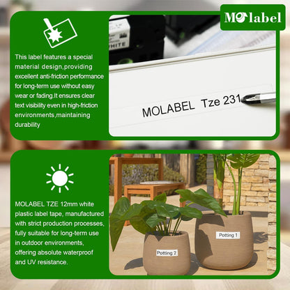 Label Tape Compatible with Brother Tze-231, 12mm 0.47" Black on White Laminated Tape for P-Touch Label Maker PT-D210 D220 H110 D410 P710BT H111 1070, 10 Pack