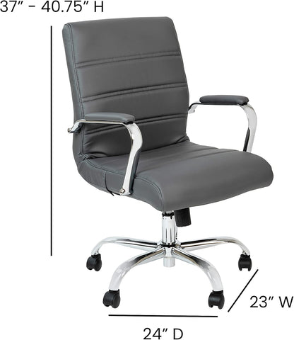 Flash Furniture Whitney Mid-Back Swivel LeatherSoft Desk Chair with Padded Seat and Armrests, Adjustable Height Padded Office Chair, Gray/Chrome