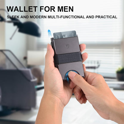 Slim Pop Up Wallets,Men's Front Pocket Card Holder with RFID Blocking Expandable Backplate & Cash Band Aluminum Minimalist Wallet Gift for Boyfriend/Dad/Friends Holds 12+ Cards,Grey