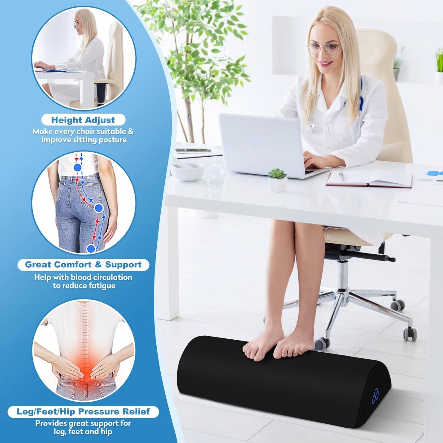 StepLively Foot Rest Ergonomic Pillow for Under Desk at Work, Anti-Fatigue Footrest Support Pillow for Fatigue & Pain Relief, Comfortable for Office Chair, Car Seat & Gaming Chair - Black, Large