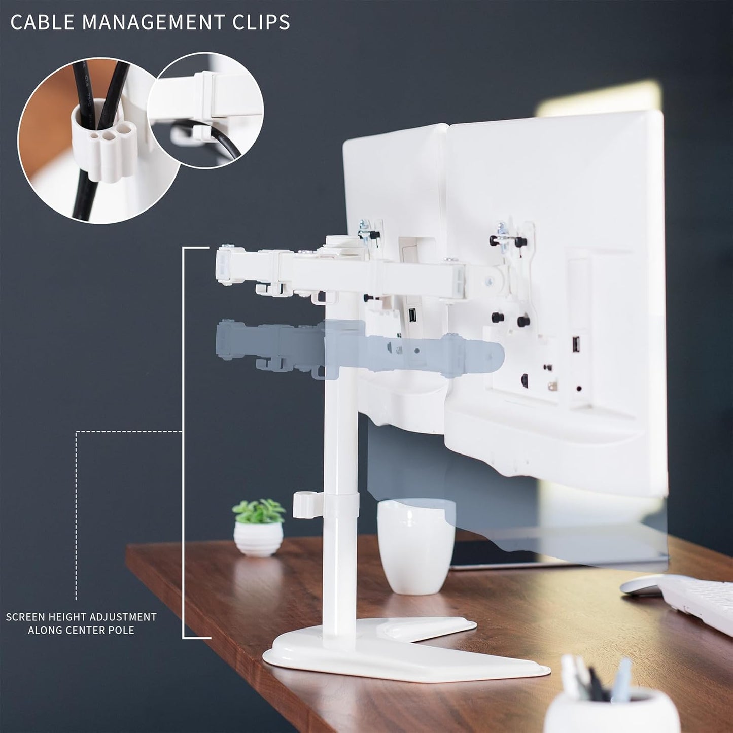 VIVO Dual LED LCD Monitor Mount, Free-Standing Desk Stand for 2 Screens up to 27 Inch, Fully Adjustable Arms with Max VESA 100x100mm, Extra Large Base, White, STAND-V002FW