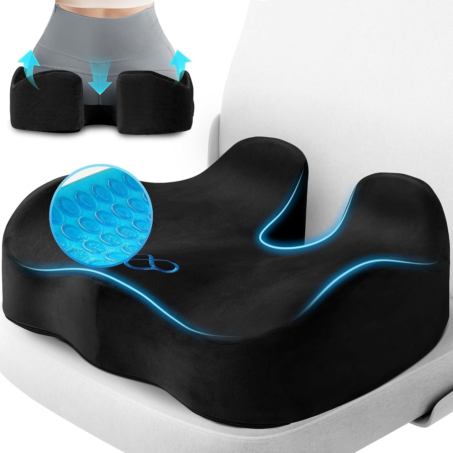 Seat Cushion, Gel Chair Cushions, Office Chair Cushions, Anti-Slip Bottom & Removable Cover Tailbone Pain Relief Cushion, Memory Foam Seat Cushion for Office, Wheelchair, Car (Black)