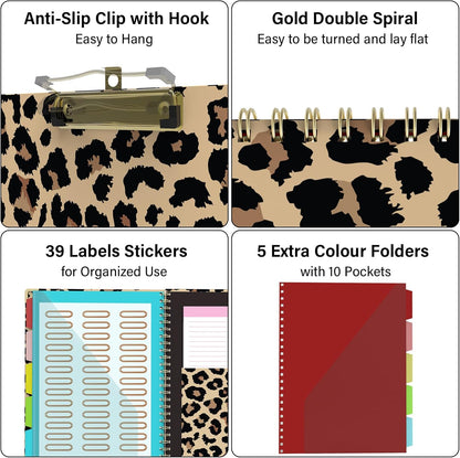 Foldable Clipboard Folio with Storage, 5 Plastic Folders with 10 Pockets,Refillable Lined Notepad (11" x 8.5"), Hardcover Project Organizer Nursing Teacher School Essentials(Cheetah Spots)