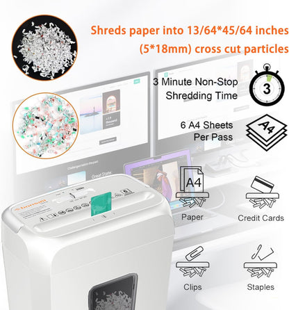 Bonsaii Low Noise Operation Paper Shredder, 6-Sheet Cross-Cut, Credit Card Shredder, Home Office, Handle for Document, Mail, Staple, 3.4 Gal Wastebasket, Easy-Carry Handle, White(C237-B)