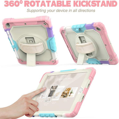 SEYMAC stock Case for iPad 9th/ 8th/ 7th Generation 10.2'', Shockproof with Screen Protector, Pencil Holder [360° Rotating Hand Strap] & Stand, for iPad 10.2 inch 2021-2019 (Yellowish+Pink)